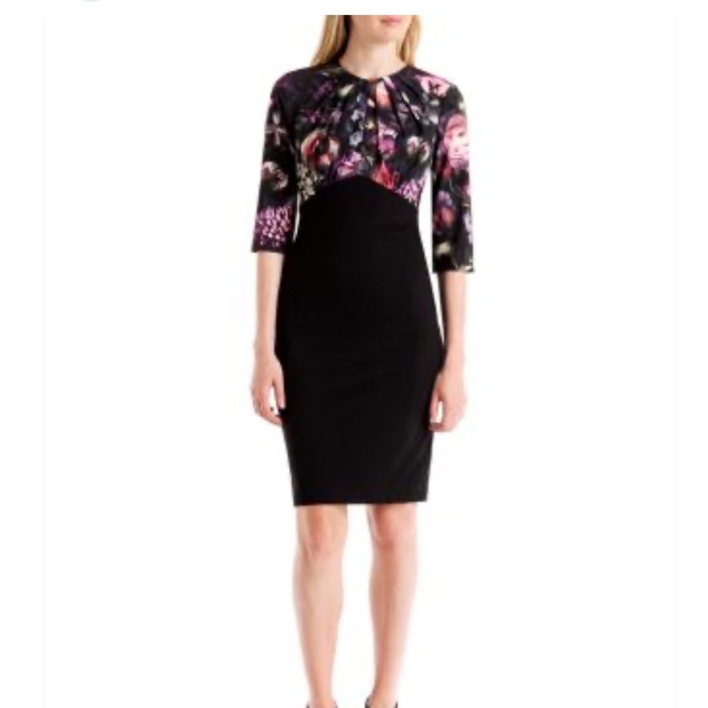 Ted Baker London Hounest Floral Bodice Pencil Dress Black Rose Gold Zip Size 2